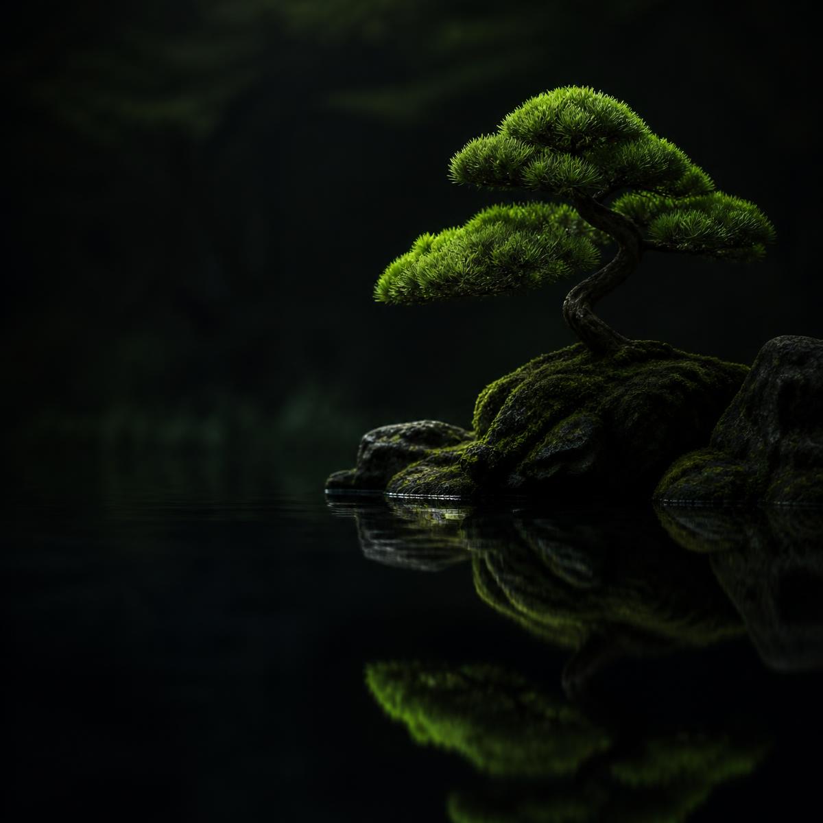 Bonsai beside still water in luminous green light